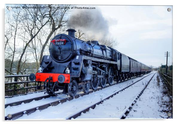 Steam locomotive 73129 in snow. Acrylic by David Birchall