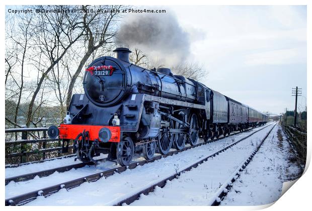 Steam locomotive 73129 in snow. Print by David Birchall