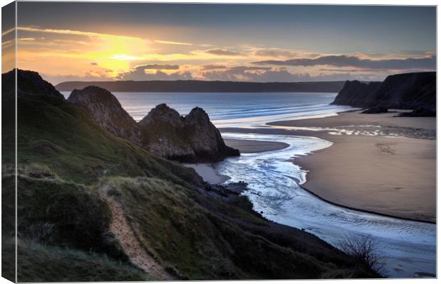 Sunset at Three Cliffs Bay Gower Canvas Print by Leighton Collins