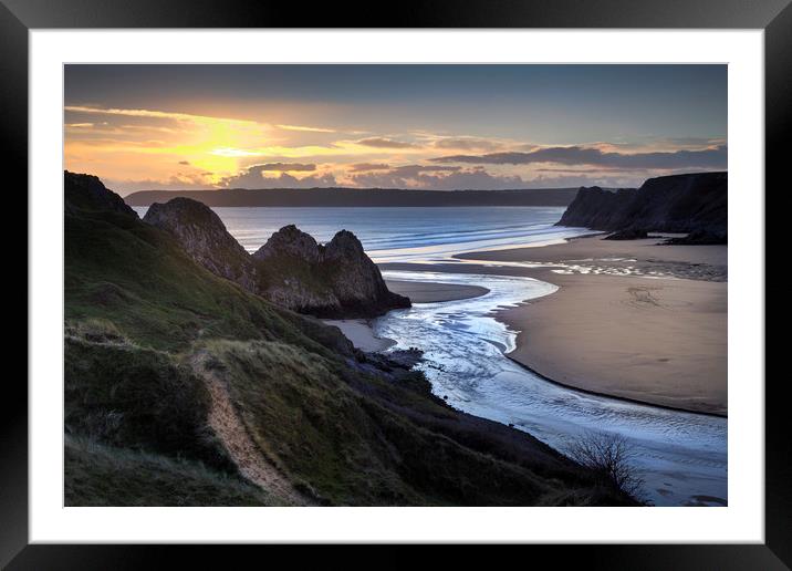Sunset at Three Cliffs Bay Gower Framed Mounted Print by Leighton Collins