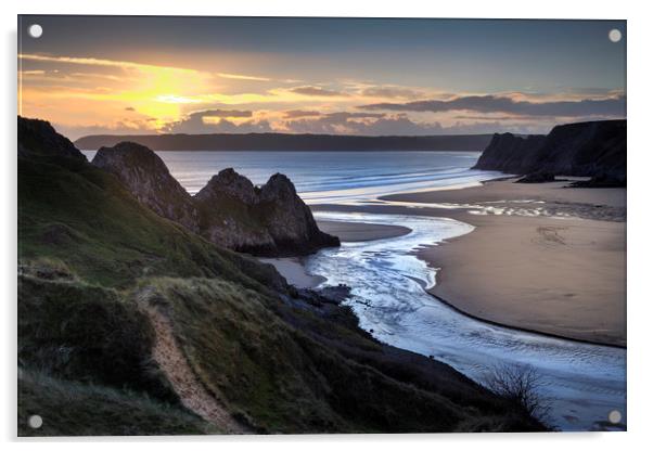 Sunset at Three Cliffs Bay Gower Acrylic by Leighton Collins