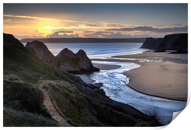 Sunset at Three Cliffs Bay Gower Print by Leighton Collins