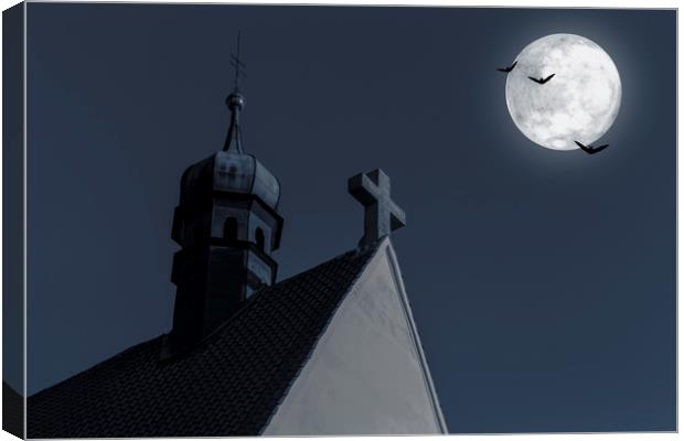Night sky and the moon behind the church. Canvas Print by Sergey Fedoskin