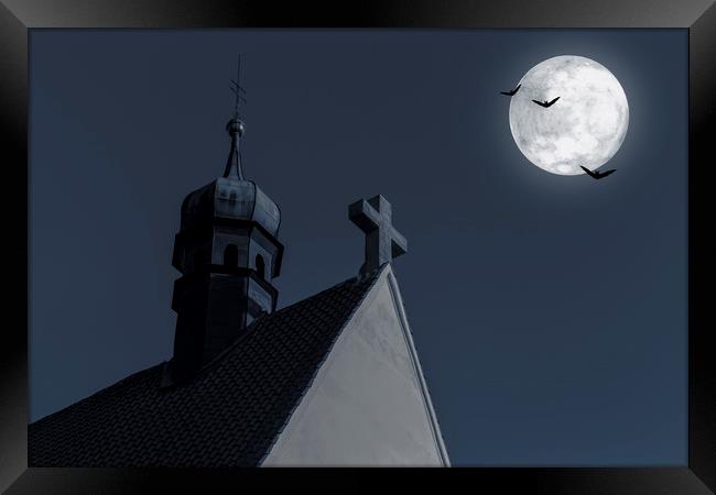 Night sky and the moon behind the church. Framed Print by Sergey Fedoskin
