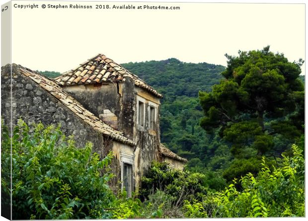 Derelict stone building with a wooded hillside Canvas Print by Stephen Robinson