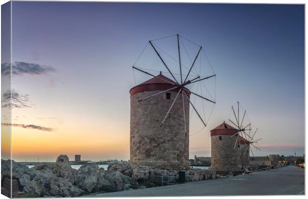 Rhodes Windmills at Sunrise Canvas Print by Antony McAulay