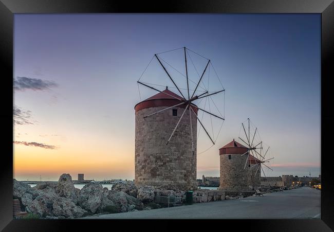 Rhodes Windmills at Sunrise Framed Print by Antony McAulay