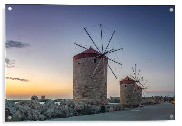 Rhodes Windmills at Sunrise Acrylic by Antony McAulay