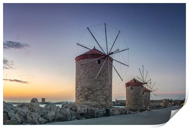 Rhodes Windmills at Sunrise Print by Antony McAulay