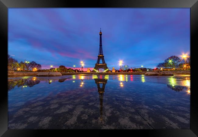 Sunrise on the Eiffel tower reflection Framed Print by Ankor Light
