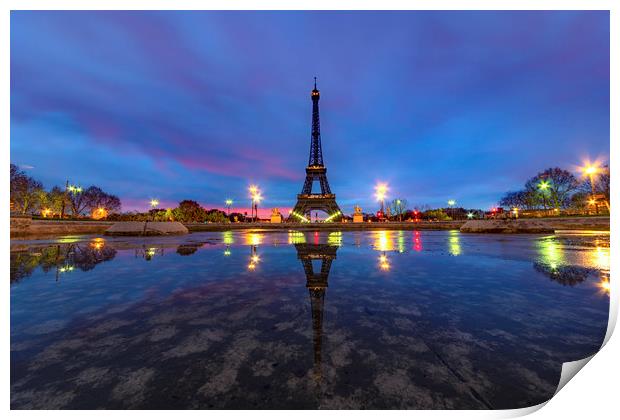 Sunrise on the Eiffel tower reflection Print by Ankor Light