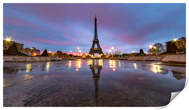Sunrise on the Eiffel tower reflection Print by Ankor Light