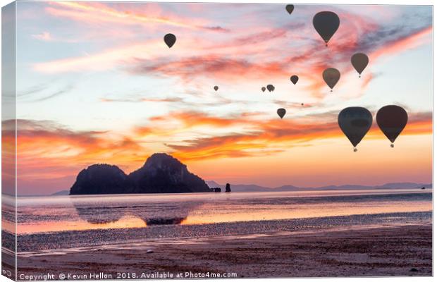 Hot air balloons over Hua Hin beach, Trang, Thaila Canvas Print by Kevin Hellon
