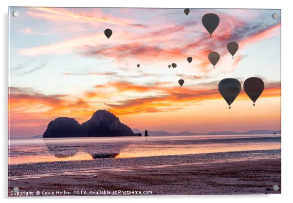 Hot air balloons over Hua Hin beach, Trang, Thaila Acrylic by Kevin Hellon