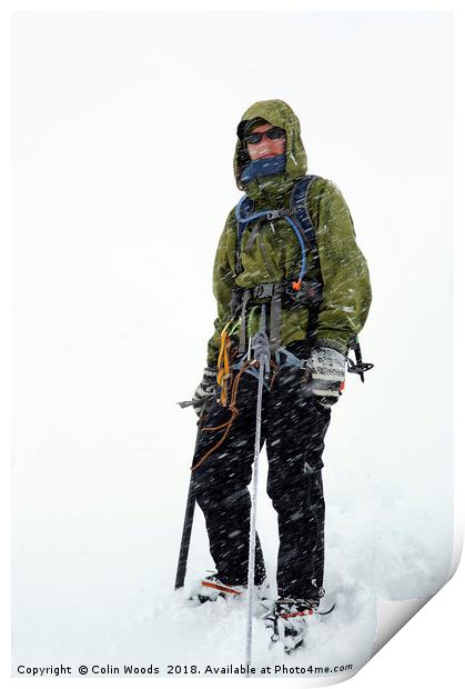 Mountaineer in a blizzard Print by Colin Woods