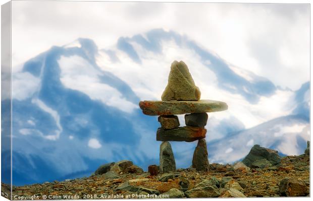Inukshuk in the Canadian Rockies Canvas Print by Colin Woods