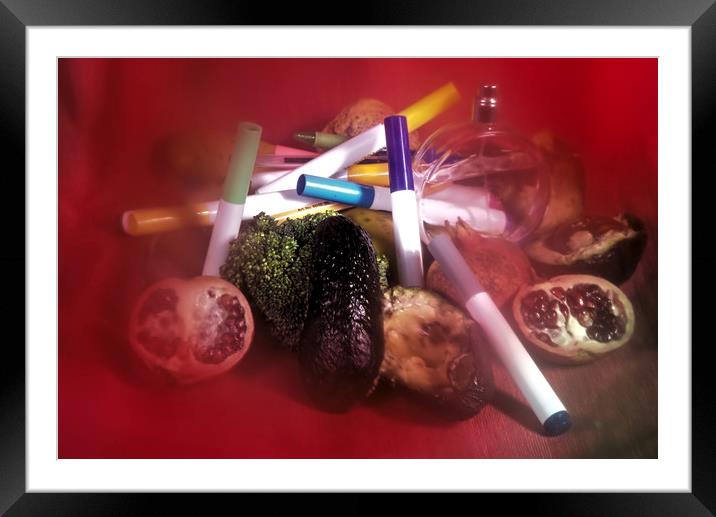 Still life with broccoli, pomegranates & avocados Framed Mounted Print by Jose Manuel Espigares Garc