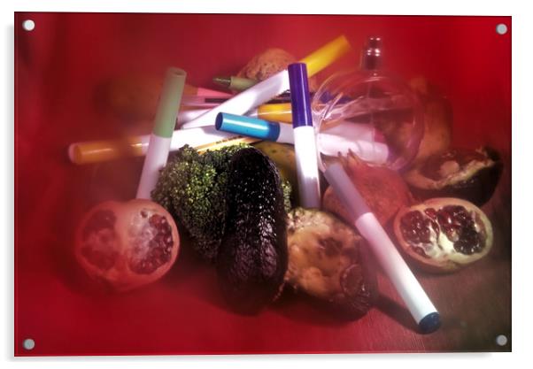 Still life with broccoli, pomegranates & avocados Acrylic by Jose Manuel Espigares Garc