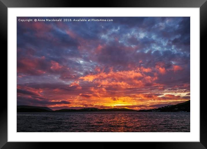 Fiery Sunset From Burn Beach, Scalloway, Shetland. Framed Mounted Print by Anne Macdonald