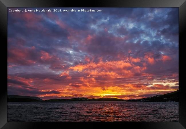Fiery Sunset From Burn Beach, Scalloway, Shetland. Framed Print by Anne Macdonald