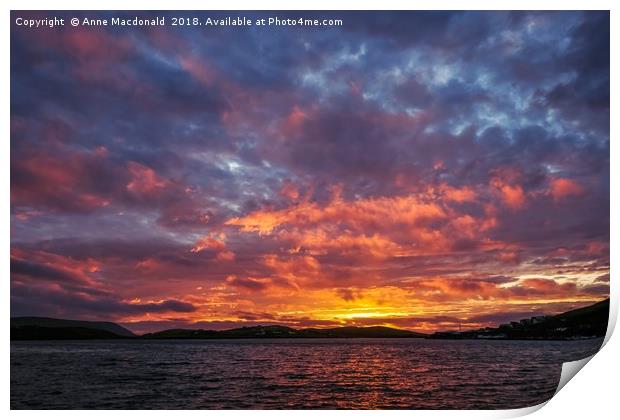 Fiery Sunset From Burn Beach, Scalloway, Shetland. Print by Anne Macdonald