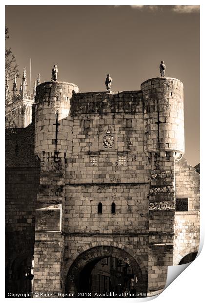 Bootham bar in York in sepia. Print by Robert Gipson