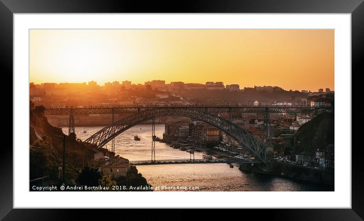 Dom Luis I Bridge in skyline at sunset in Porto Framed Mounted Print by Andrei Bortnikau