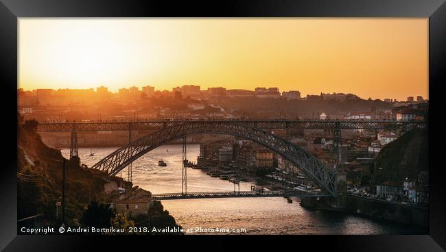Dom Luis I Bridge in skyline at sunset in Porto Framed Print by Andrei Bortnikau