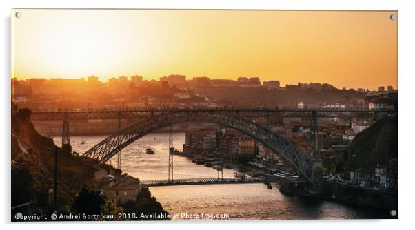 Dom Luis I Bridge in skyline at sunset in Porto Acrylic by Andrei Bortnikau