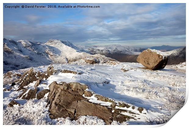 Crinkle Crags and Bow Fell in Winter Print by David Forster