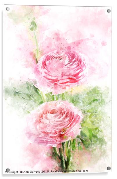Pink Ranunculus Watercolor Acrylic by Ann Garrett