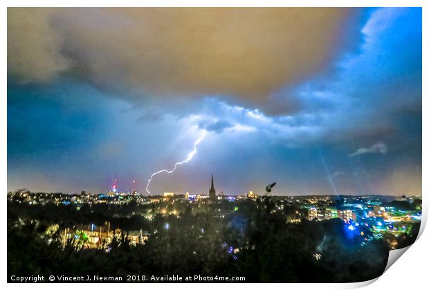 Lightning over Norwich, U.K Print by Vincent J. Newman