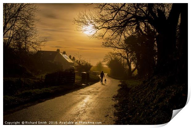 Walking the dog on a hazy winter's morning Print by Richard Smith