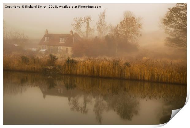 A cottage and reflection on misty winter's morning Print by Richard Smith