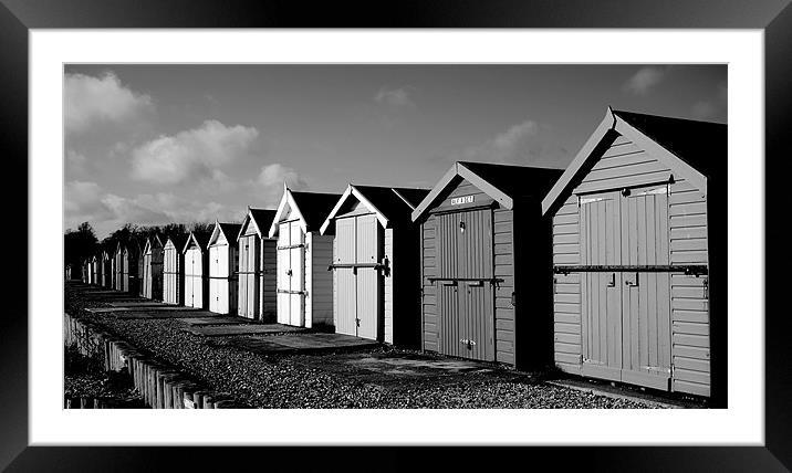 Black and White Beach Huts Framed Mounted Print by Louise Godwin