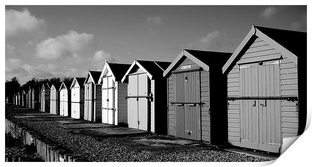 Black and White Beach Huts Print by Louise Godwin