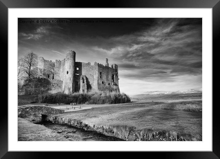 Laugharne Castle in Black and White Framed Mounted Print by DEREK ROBERTS