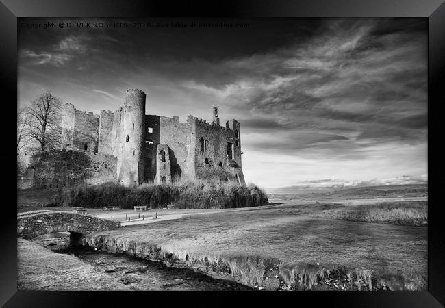 Laugharne Castle in Black and White Framed Print by DEREK ROBERTS