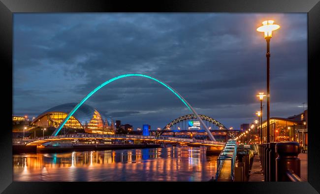 Beautiful bridges and quayside at night Framed Print by Naylor's Photography