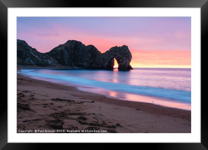 Durdle Door at Sunrise Framed Mounted Print by Paul Brewer