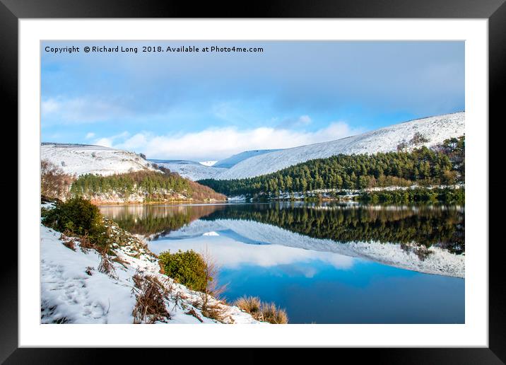 Snowy Winter Reflections at The Derwent Dam, Peak  Framed Mounted Print by Richard Long