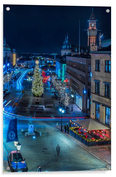 Helsingborg Square Night Scene Acrylic by Antony McAulay