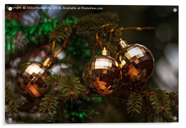 Three Baubles On A Christmas Tree Acrylic by Jukka Heinovirta