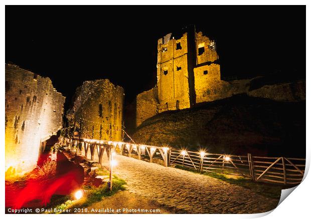 Corfe Castle at night in Winter Print by Paul Brewer