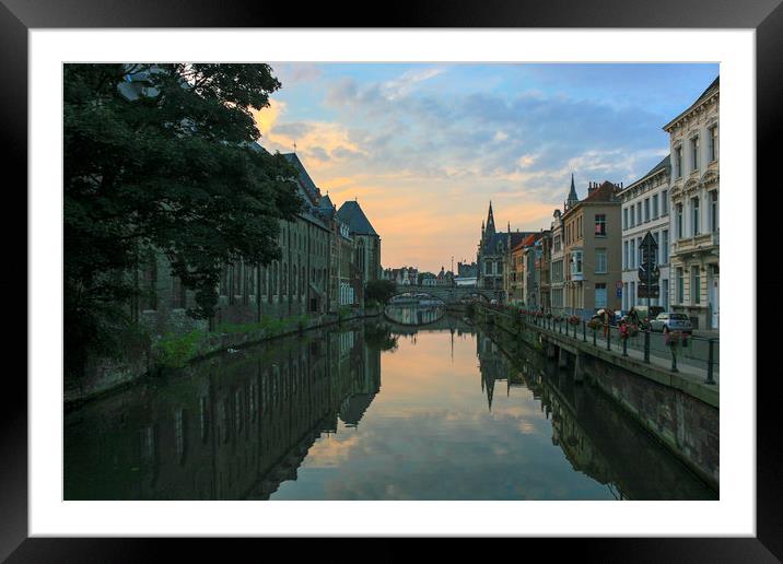 Sunset over Ghent canal Framed Mounted Print by Mark Draper