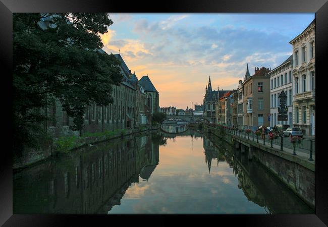Sunset over Ghent canal Framed Print by Mark Draper