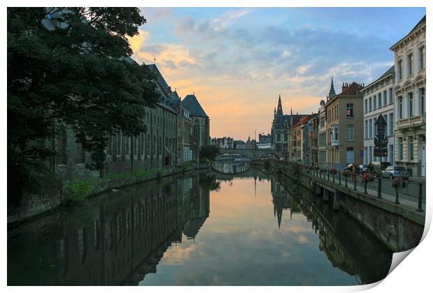 Sunset over Ghent canal Print by Mark Draper