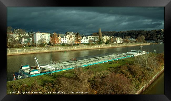 Koblenz Mosel Barge  Framed Print by Rob Hawkins