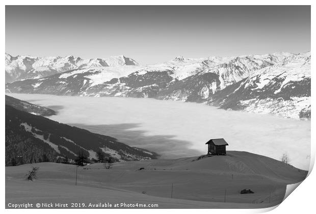 Solitary hut above the clouds Print by Nick Hirst