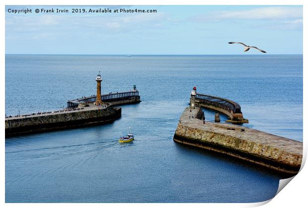 A small boat leaving Whitby Harbour Print by Frank Irwin